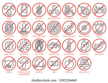 Japanese Food Allergy Vector Icon Set.