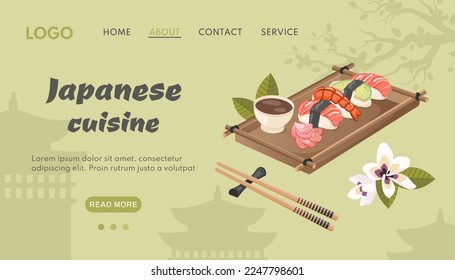 Japanese food. Asian banner. Traditional dish closeup with sakura silhouette, architecture. Vector