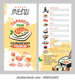 Japanese Food For Asian Cuisine Restaurant Menu Template. Seafood Rice, Sushi Roll With Salmon Fish, Shrimp, Red Caviar And Noodle Soup Dishes List Layout With Traditional Set Of Tea And Sake Drink