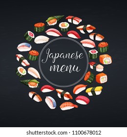 Japanese food banner or poster for seafood sushi rolls shop design. Vector illustration.