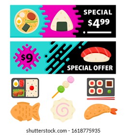 Japanese food banners in flat style for your cuisine projects or food publications.