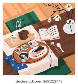 Japanese food, breakfast meal. Traditional Asian Japan style serving with rice, salmon, oriental soup, tea and chopsticks on wooden dining table with flower vase and book. Flat vector illustration
