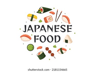 Japanese Food Cartoon Illustration with Various Delicious Dishes in the Restaurant such as Sushi on a Plate, Sashimi Roll and Other in Flat Style