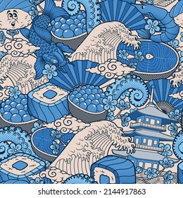 Japanese food cartoon seamless background, this design can be used as a banner for a sushi restaurant