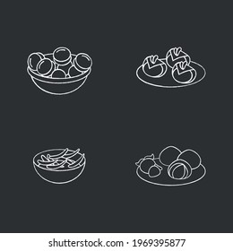 Japanese food chalk icons. Spring delicates. Ichigo daifuku, ikanago, sakura mochi, ume. Tradition meal. Isolated vector illustrations on chalkboard