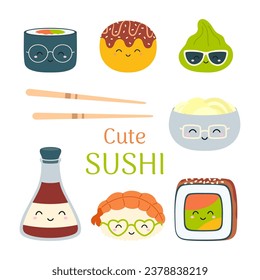 japanese food characters, flat vector illustration of sushi roll, soy sauce, noodles, wasabi and chopsticks, cartoon set isolated on white