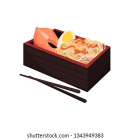 Japanese food with chopsticks on white background.