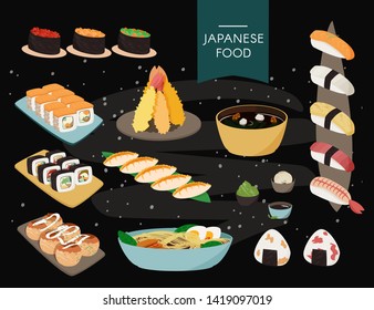 Japanese food collection. Black background, chalckboard style.