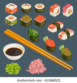 Japanese food collection with sushi rolls bowl of soy sauce wasabi ginger and chopsticks isolated vector illustration