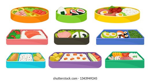 Japanese food in colorful lunch boxes set.