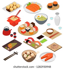 Japanese Food Concept 3d Icon Set Isometric View Include of Rice, Sushi, Roll, Fish, Sashimi and Noodle. Vector illustration of Icons