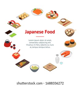 Japanese Food Concept Banner Card Circle 3d Isometric View Include of Rice, Sushi, Roll, Fish, Sashimi and Noodle. Vector illustration of Icons
