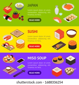 Japanese Food Concept Banner Horizontal Set 3d Isometric View Include of Rice, Sushi, Roll, Fish, Sashimi and Noodle. Vector illustration of Icons