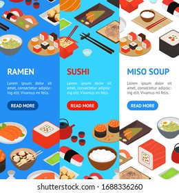 Japanese Food Concept Banner Vecrtical Set 3d Isometric View Include of Rice, Sushi, Roll, Fish, Sashimi and Noodle. Vector illustration of Icons