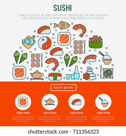Japanese food concept in half circle with thin line icons of sushi, noodles, tea, rolls, shrimp, fish, sake. Vector illustration for banner, web page or print media. 