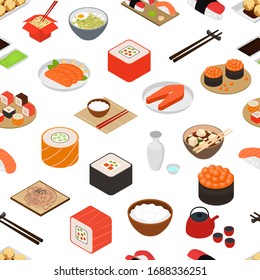 Japanese Food Concept Seamless Pattern Background on a White 3d Isometric View Include of Rice, Sushi, Roll, Fish, Sashimi and Noodle. Vector illustration of Icons