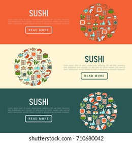 Japanese food concept with thin line icons of sushi, noodles, tea, rolls, shrimp, fish, sake. Vector illustration for banner, web page or print media. 