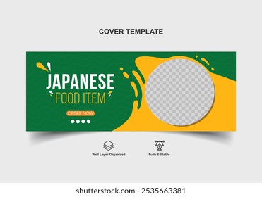 Plantilla de cubierta de comida japonesa Artículo de comida japonesa. Diseño de Plantilla de cubierta de artículo de comida deliciosa. Anuncio de alimentos. Anuncio de la cubierta de la pizza