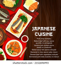 Japanese food cuisine menu, Asian bowls on table with fish sukiyaki and pork meat. Japanese cuisines and Japan restaurant menu cover with dinner and lunch dishes, traditional beef meat and miso soup