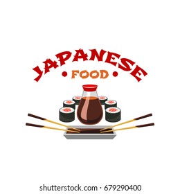 Japanese food cuisine or restaurant menu icon template of salmon fish sushi rolls with soy sauce and chopsticks. Vector tuna Philadelphia sushi or guncan sashimi on plate with rice and seaweed nori