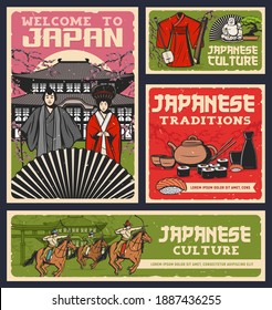 Japanese food, culture and religion traditions vector design of sushi rolls, geisha and samurai with kimono and fan. Pagoda, sakura, sake and tea set, bonsai, torii gate and yabusame archery