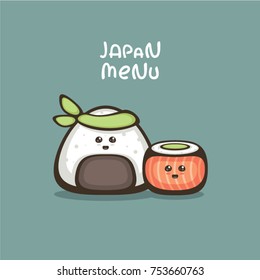 Japanese food. Cute cartoon characters. Sushi vector illustration. Menu and logo design.