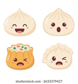Japanese food Cute dim sum characters with playful faces showing emotions, including bao buns, dumplings, and shumai, styled in a fun Japanese cartoon design.