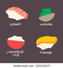 Japanese food design background pattern, tamago, wasabi and salmon