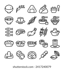 Japanese food dishes icon set