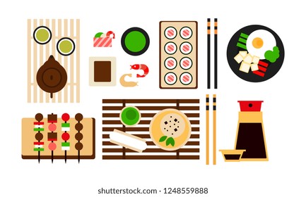 Japanese food dishes set, traditional Asian food menu flat vector Illustration on a white background