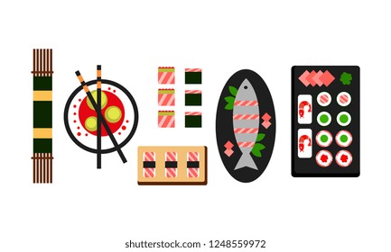 Japanese food dishes set, traditional Asian food menu, top view flat vector Illustration on a white background