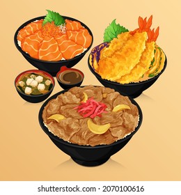 Japanese food donburi rice bowls recipes illustration vector. (Donburi, Gyudon, Tendon, and Salmon Ikura Donburi and Miso Soup)