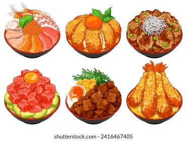 Donburi de comida japonesa set de ilustraciones de menú vector. Vector aislado del tazón de arroz japonés (Donburi). Menú Kaisen don, Katsudon, Butadon, Tuna avocado donburi, carne de Gyudon, Tendón camaronero (tempura de camarón)