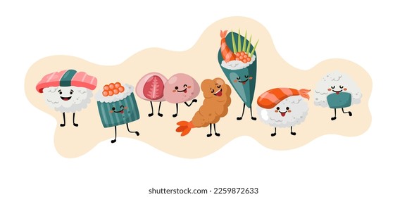 Japanese food in doodle kawaii style. Isolate on a white background. Clipart, vector illustration.