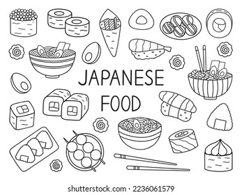 Japanese food doodle set. Asian cuisine. Ramen, sushi, onigiri, dango in sketch style. Hand drawn vector illustration isolated on white background