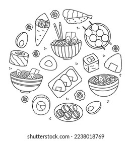 Japanese food doodle set. Asian cuisine. Ramen, sushi, onigiri, dango in sketch style. Hand drawn vector illustration isolated on white background