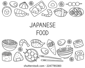 Japanese food doodle set. Asian cuisine. Ramen, sushi, onigiri, dango in sketch style. Hand drawn vector illustration isolated on white background