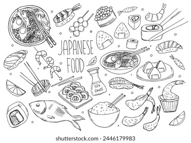 Japanese food doodles set, hand drawn rough simple Japanese cuisine food sketches. Asian food in line