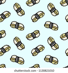 japanese food eggroll, rice and seaweed, sushi cartoon object seamless pattern on blue background, vector doodle art