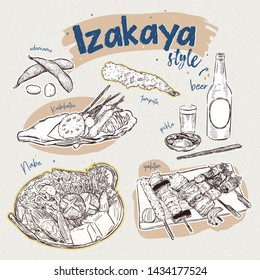 Japanese food elements, Izakaya style. snack bar. hand draw sketch vector.