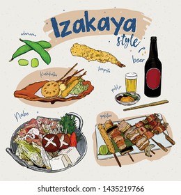 Japanese food elements, Izakaya style. snack bar. hand drawn sketch vector.