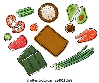 Japanese food elements. Sushi rolls ingredients. Salmon, tuna, shrimps, nori, rice, caviar. 