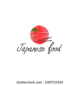 Japanese food embroidery logo template on white background. Japanese food letter, hand drawn sketch. Restaurant, sushi Shop or menu design cover. Japanese symbols, flag, red sun, bamboo. EPS 10