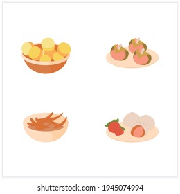 Iconos planos de comida japonesa. La primavera delicada. Ichigo daifuku, ikanago, sakura mochi, ume. Comida tradicional. Ilustraciones vectoriales