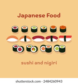 Japanisches Essen Flache Illustration Sushi Nigiri Kollektion