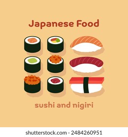 Japanisches Essen Flache Illustration Sushi Nigiri Kollektion