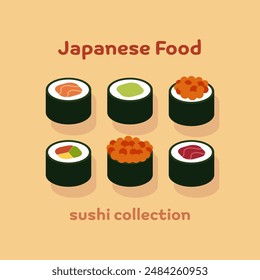 Japanisches Essen Flache Illustration Sushi Nigiri Kollektion