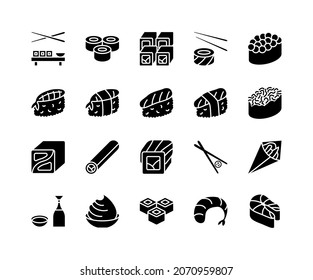 Japanese food flat line icons set. Included the icons as sushi, sashimi, maki, sushi roll and more. Simple flat vector illustration for web site or mobile app.