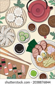 Japanese food flatlay illustration with ramen sushi gyoza and tea