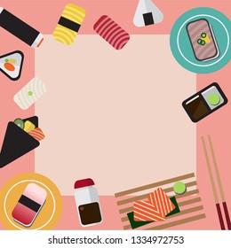 Japanese food frame set with sushi, onigiri, salmon sashimi, rice ball and green tea. Template for wallpaper, banner, website, cover and decorations. Top view flat style vector illustration. 